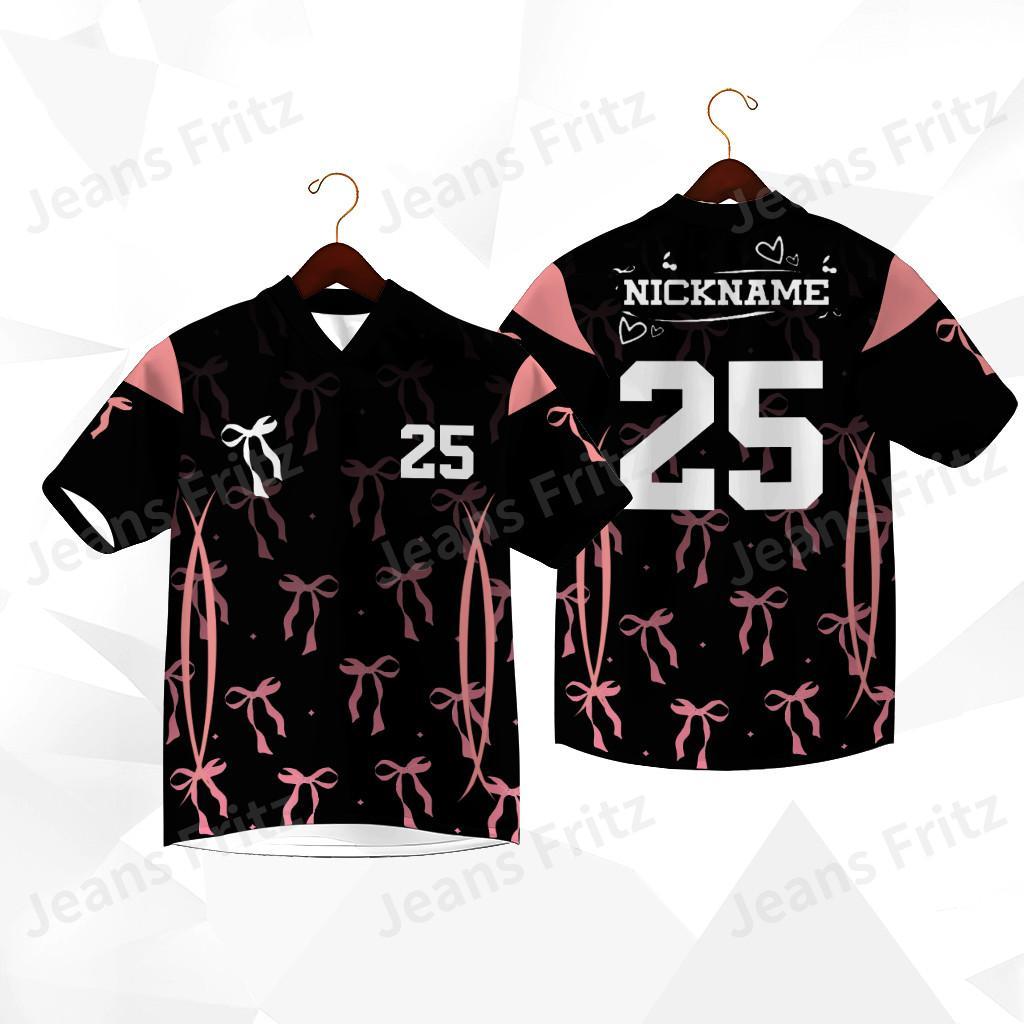 Free Custome Street Style Jersey Unisex แขนสั้น V คอจํานวนพิมพ์ผู้หญิงโบว์เสื้อยืด Plus ขนาด Coquett