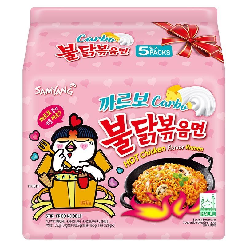 ซัมยังราเมงกึ่งสำเร็จรูปแบบแห้งรสคาโบนาร่าไก่สูตรเผ็ด 130ก แพ็ค 5 Samyang Hot Carbonara 130g X5 [8801073142312 ]