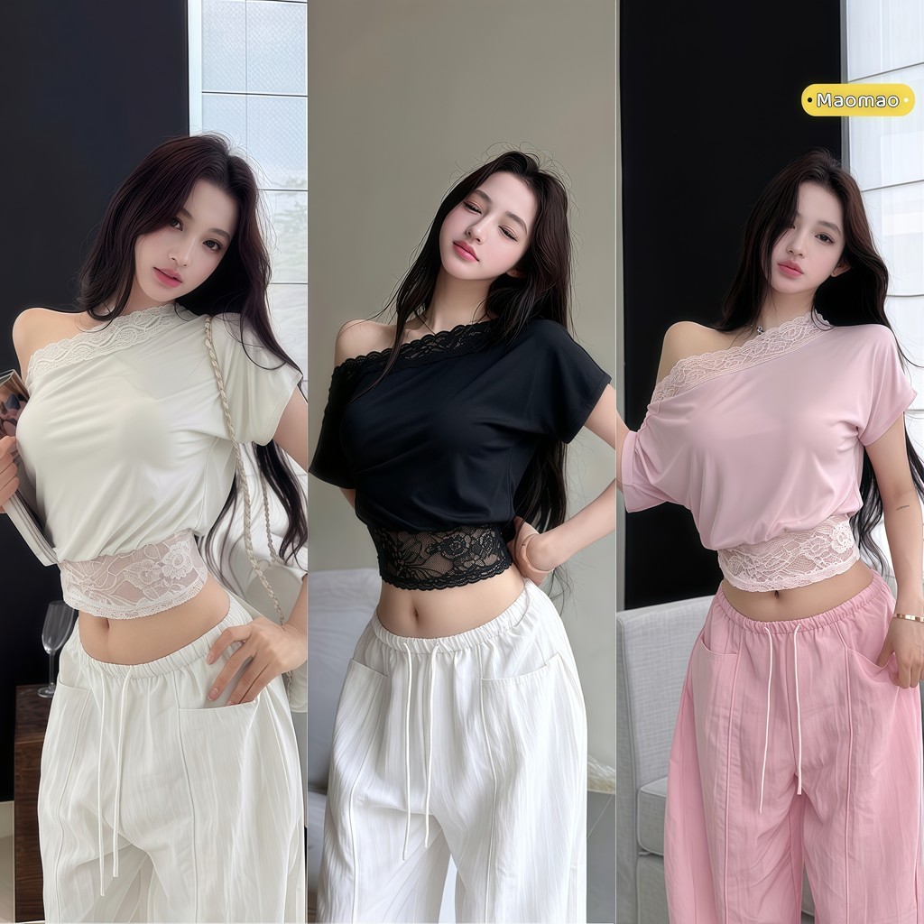 Maomao💜พร้อมส่ง เสื้อปาดไหล่ พิมพ์ลายลูกไม้ สั้นใส่สวยเซ็กซี่ ผ้าใส่สบาย ทรงรัดพอดี-A2393