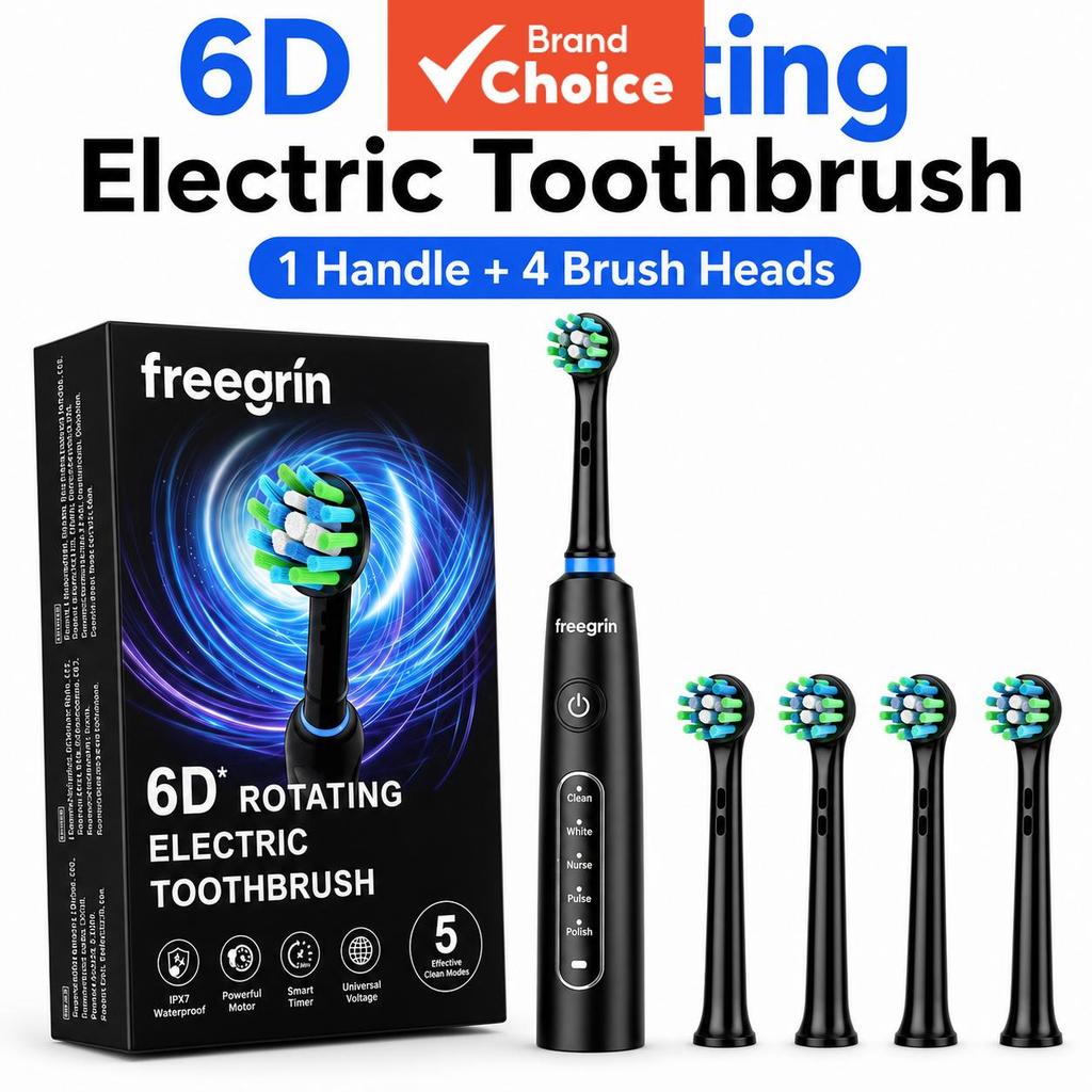 แปรงสีฟันไฟฟ้าหัวแปรงหมุน Freegrin DuPont ขนแปรงหมุน 6D, มาพร้อมหัว 4 ชิ้น, กันน้ํามาตรฐาน IP67, แบตเตอรี่ใช้งานได้สูงสุด 20 วัน