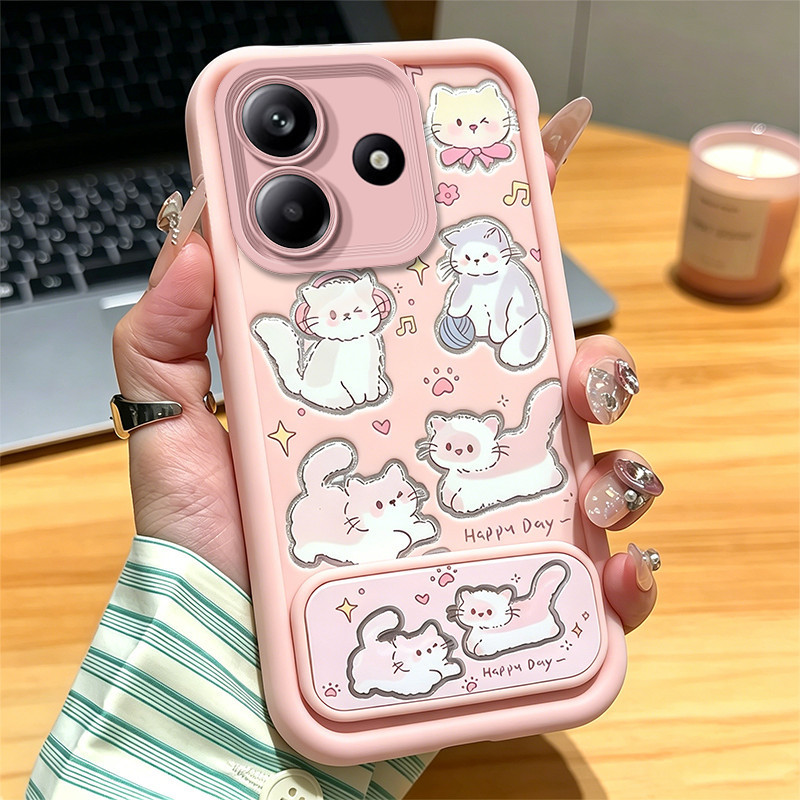สําหรับ REDMI NOTE 14 4G NOTE 14 PRO 5G เคสโทรศัพท์ Softcase ซิลิโคนกันกระแทกออกแบบใหม่ความงามน่ารักแมวสีชมพูพร้อมที่วาง JTKLMZJ3