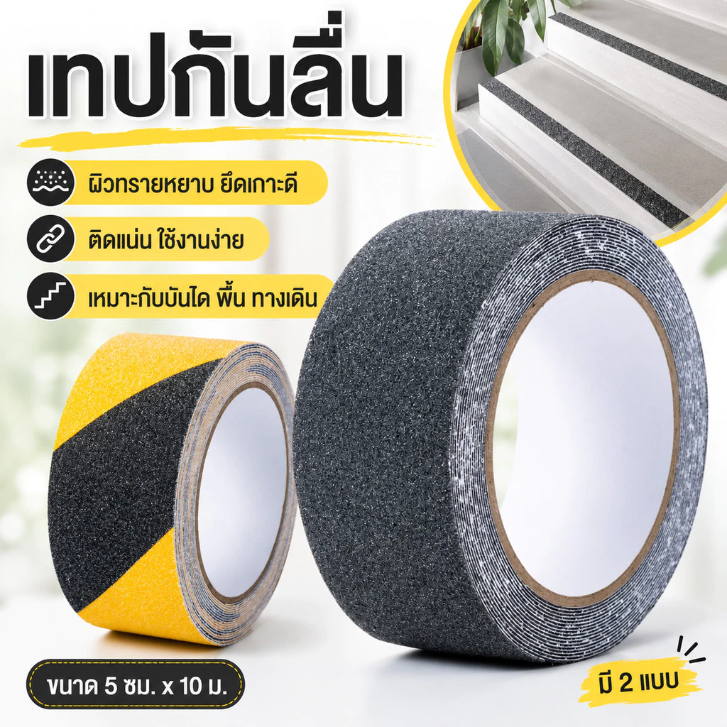 เทปกันลื่นผิวทราย 5ซม.x10ม. สีดำ สีเทา เหลือง-ดำ เทปกันลื่นบันได พื้น ทางเดิน ทางลาด ใช้งานบ้าน ร้านค้า โกดัง COD