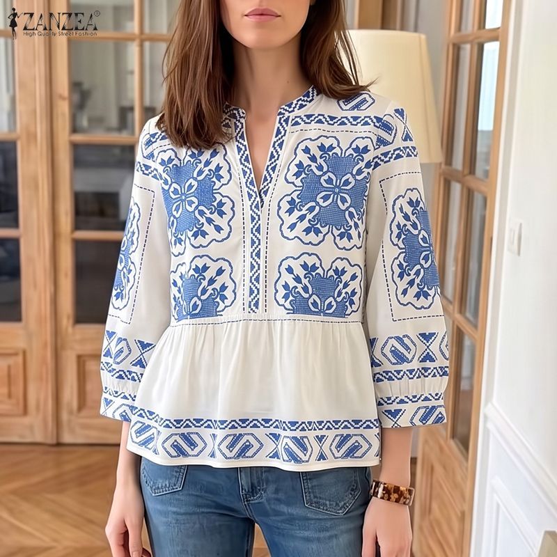 ZANZEA เสื้อผ้าผู้หญิงเกาหลีลําลองดอกไม้โบฮีเมียนวันหยุด 3/4 แขนยืนปกพิมพ์เสื้อ Ruffle Hem — صورة 4