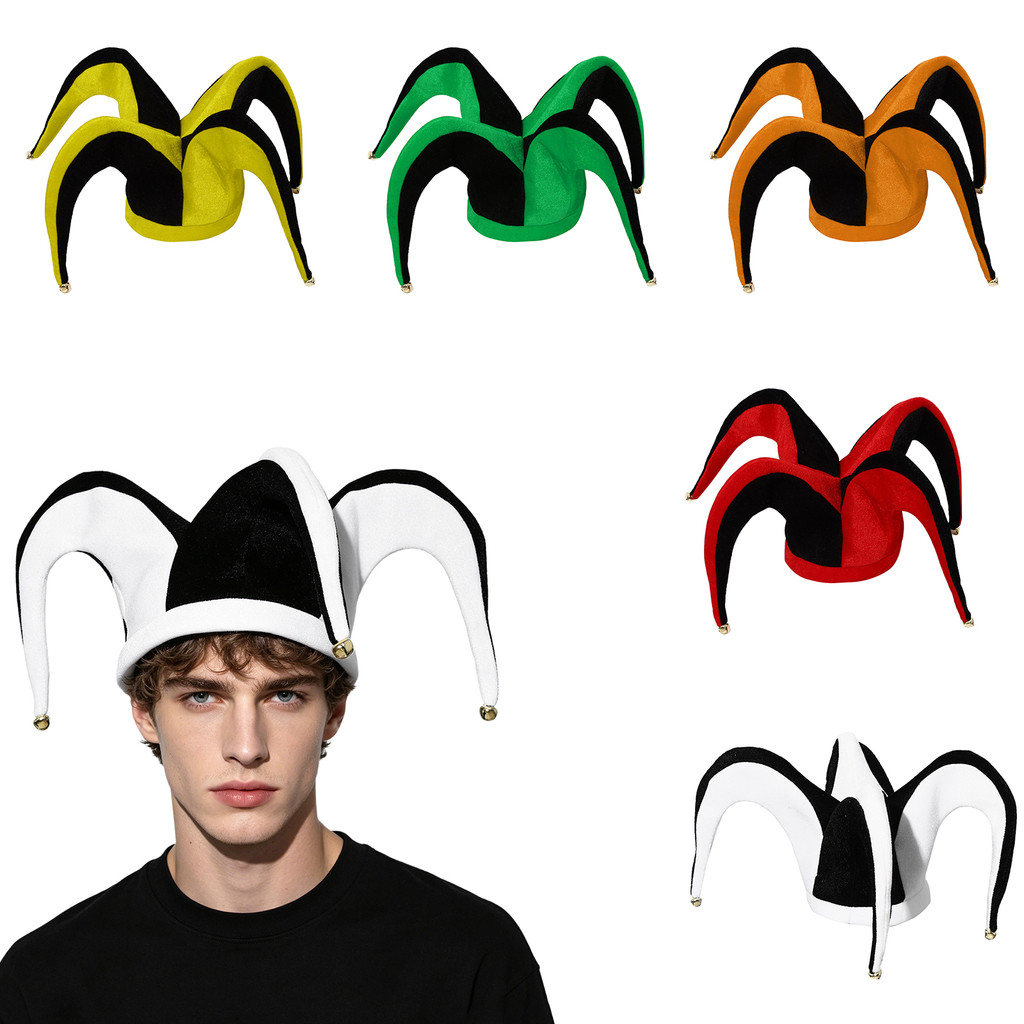 Inlzdz Unisex ผู้ใหญ่ผู้ชายผู้หญิง Clown Contrast สีตลก Jester หมวกหมวก Bells สําหรับฮาโลวีนคอสเพลย์ Carnival Mardi Gras Stage Performances