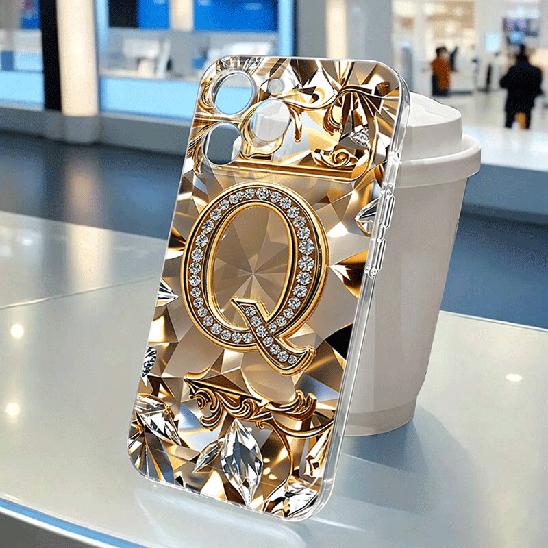 เคสโทรศัพท์สําหรับiPhone 17 16 Pro Max 15 14 13 12 11 7 8 Plus XS Max 2D Golden Rhinestone Letter Q 