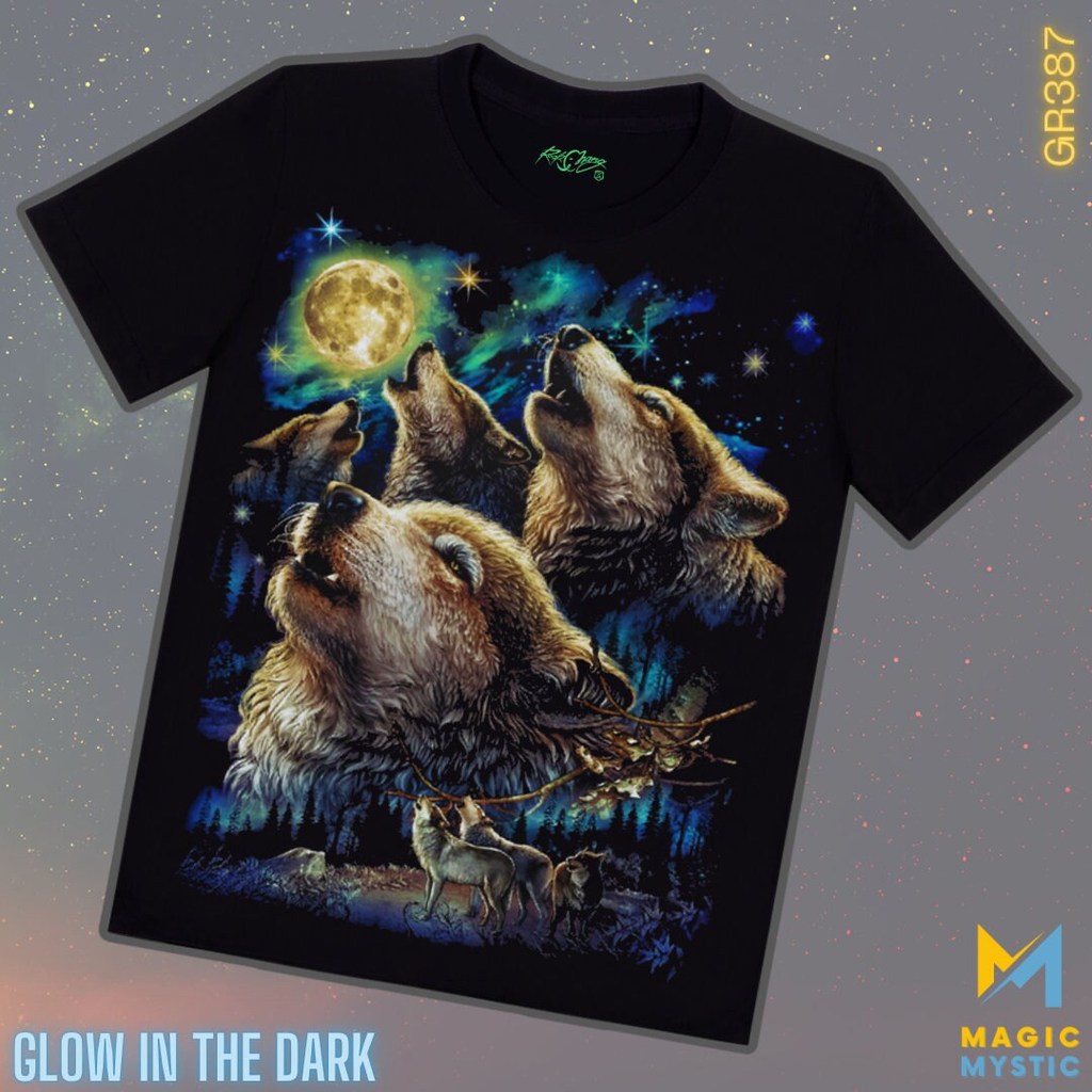 เสื้อยืดสีดํา Rock Chang Original Wolves Nature Beauty Native View พิมพ์สมจริง Glow in the Dark Unis