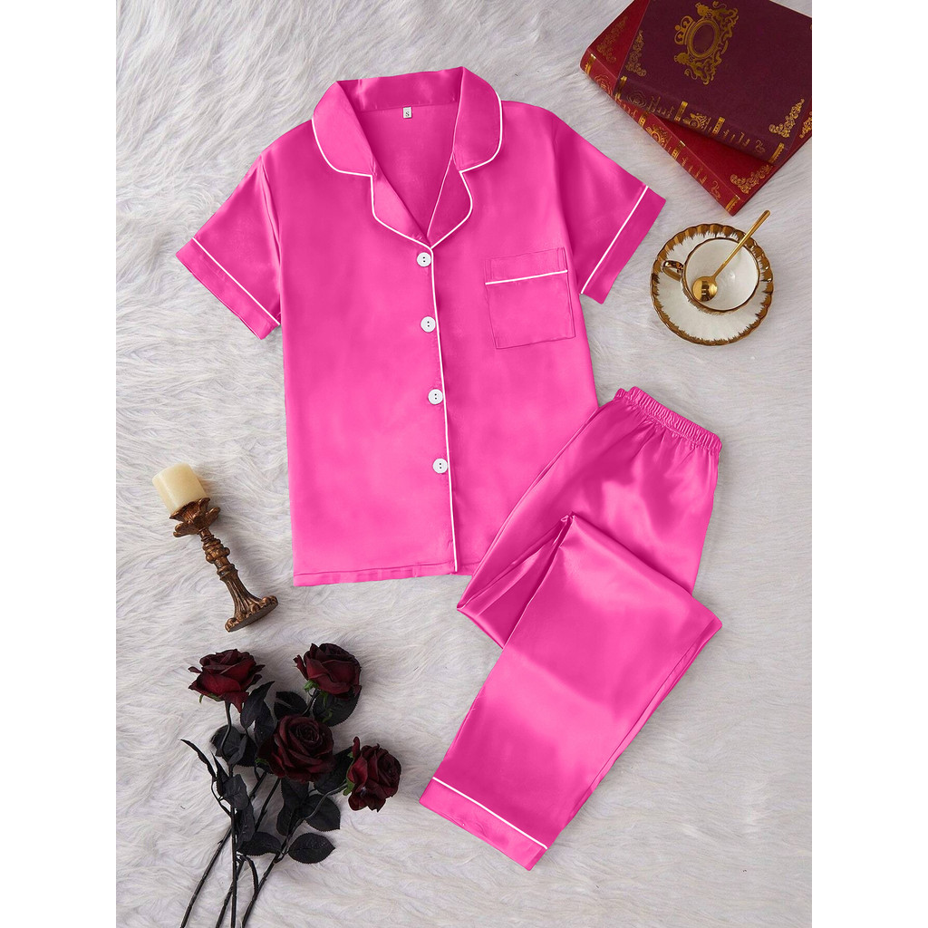 ผู้หญิง Button‐Up ชุดนอนคอปกดีไซน์สีธรรมดาสําหรับส่วนที่เหลือในร่ม Night-Wear Daily Home‐Leisure Rel