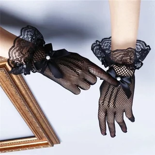 ถุงมือตาข่ายลูกไม้ เด็กผู้ใหญ่ ฟรีไซส์ ยืดหยุ่น สีขาว ข้อมือพู่หนา ใส่ออกงาน พาเหรด