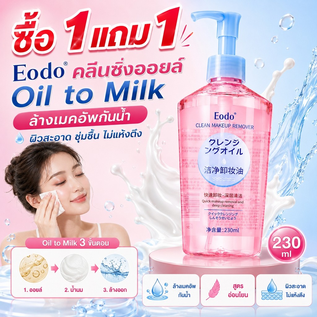 ซื้อ 1 แถม 1! คลีนซิ่งออยล์ล้างเครื่องสำอาง Oil to Milk ล้างเมคอัพกันน้ำ สูตรอ่อนโยน ล้างออกง่าย ผิวชุ่มชื้น ไม่แห้งตึง