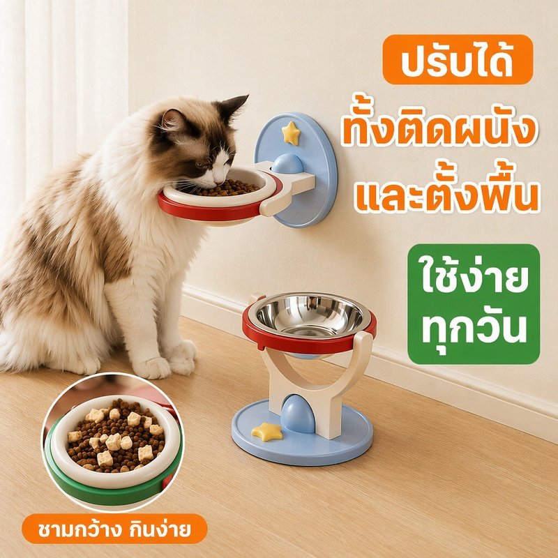 ชามแมว ปรับมุมเอียง ปรับความสูงได้ โถเซรามิก สแตนเลส 304 ฐานมั่นคง ล้างง่าย