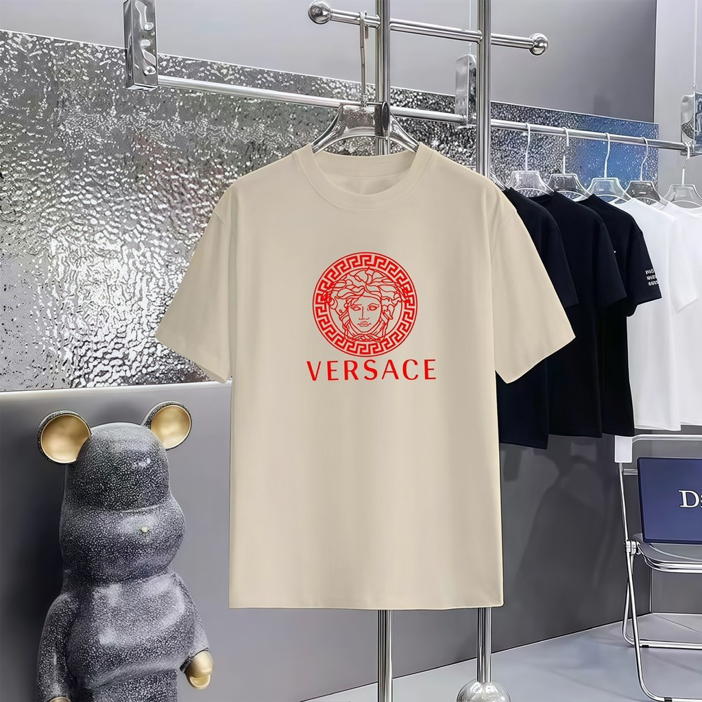 Versace tee/Versace เสื้อยืดพิมพ์แขนสั้นผู้ชายผู้หญิงเสื้อยืดแขนสั้นเสื้อยืดแขนสั้น Loo
