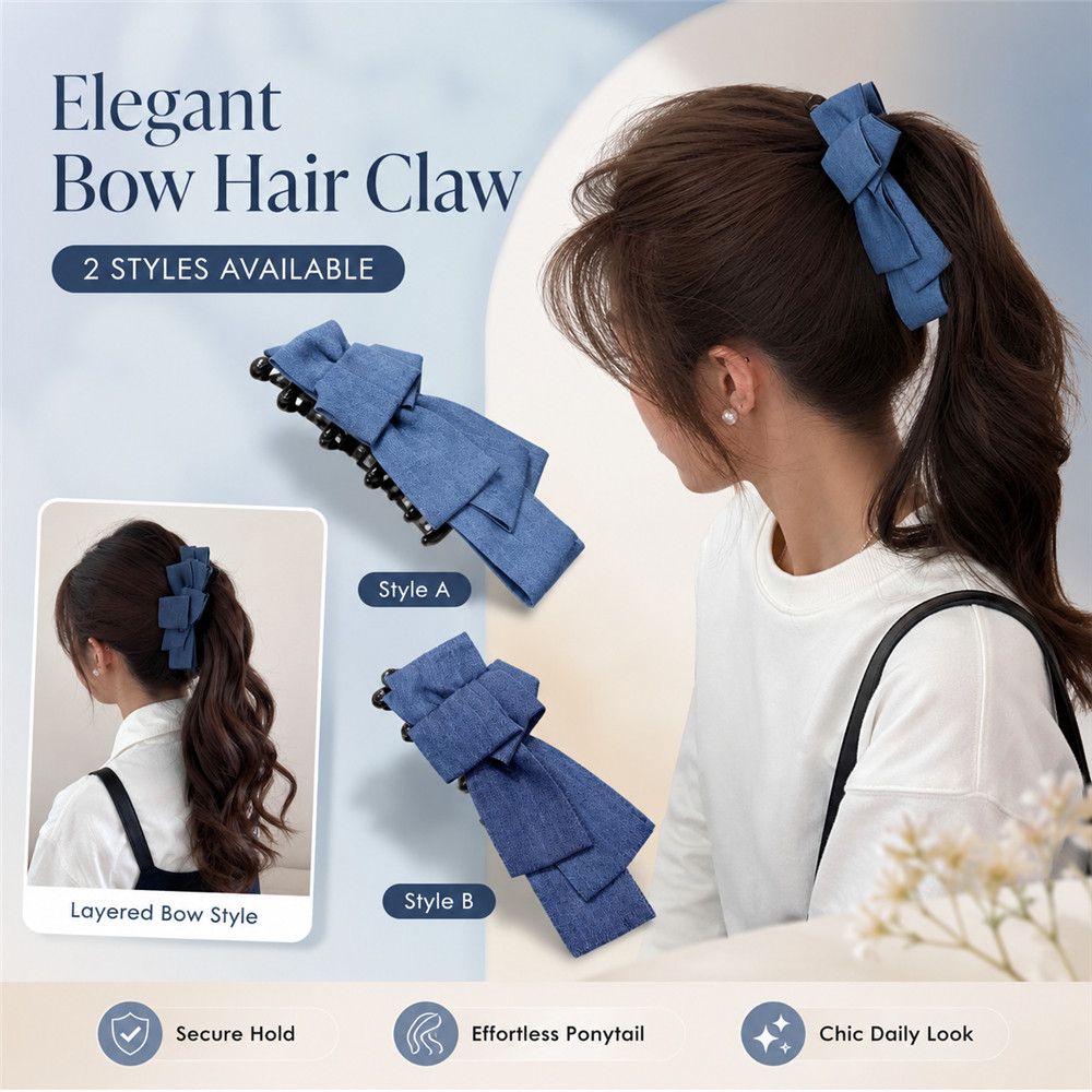 เกาหลี Retro Denim Blue Bow กล้วยคลิปสไตล์เกาหลีผมหางม้าสูงแนวตั้งคลิปกลับ Head Updo ผม Claw