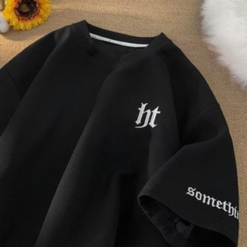 Plus ขนาด M-5XLheroMens Waffle เสื้อยืดแขนสั้น Cuff Letter พิมพ์เสื้อยืดลําลองหลวม Streetwear Tee Un