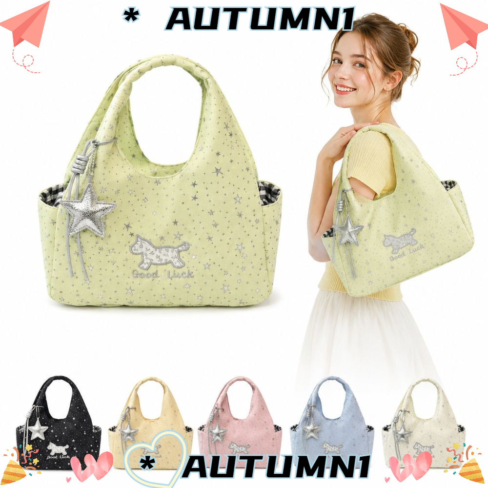 AUTUMN กระเป๋าสะพายสไตล์, Casual Pony เย็บปักถักร้อยกระเป๋าถือหวาน,แฟชั่นอเนกประสงค์ขนาดใหญ่ความจุ Star รูปแบบใต้วงแขน Commuting Tote กระเป๋า