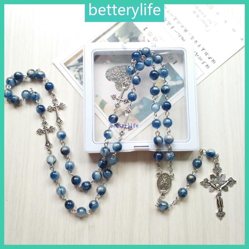 BTF สร้อยคอลูกประคําอะคริลิคสีฟ้ายาวสําหรับจี้ไม้กางเขนคาทอลิกคริสเตียนสร้อยคอเครื่องประดับศาสนาสําห