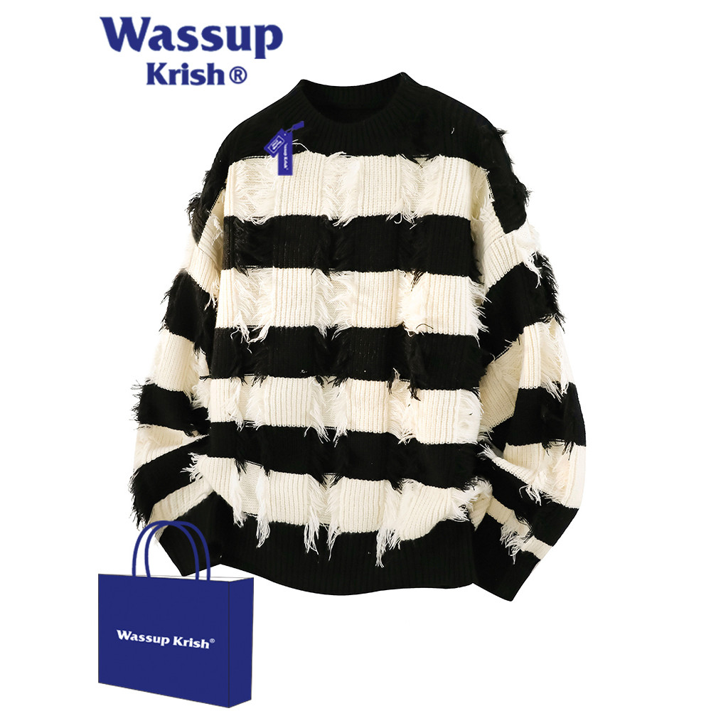 WASSUP KRISH พู่สีดําสีขาวลายรอบคอเสื้อกันหนาวผู้ชายฤดูใบไม้ร่วง Ruffian หล่อออกแบบเสื้อกันหนาว