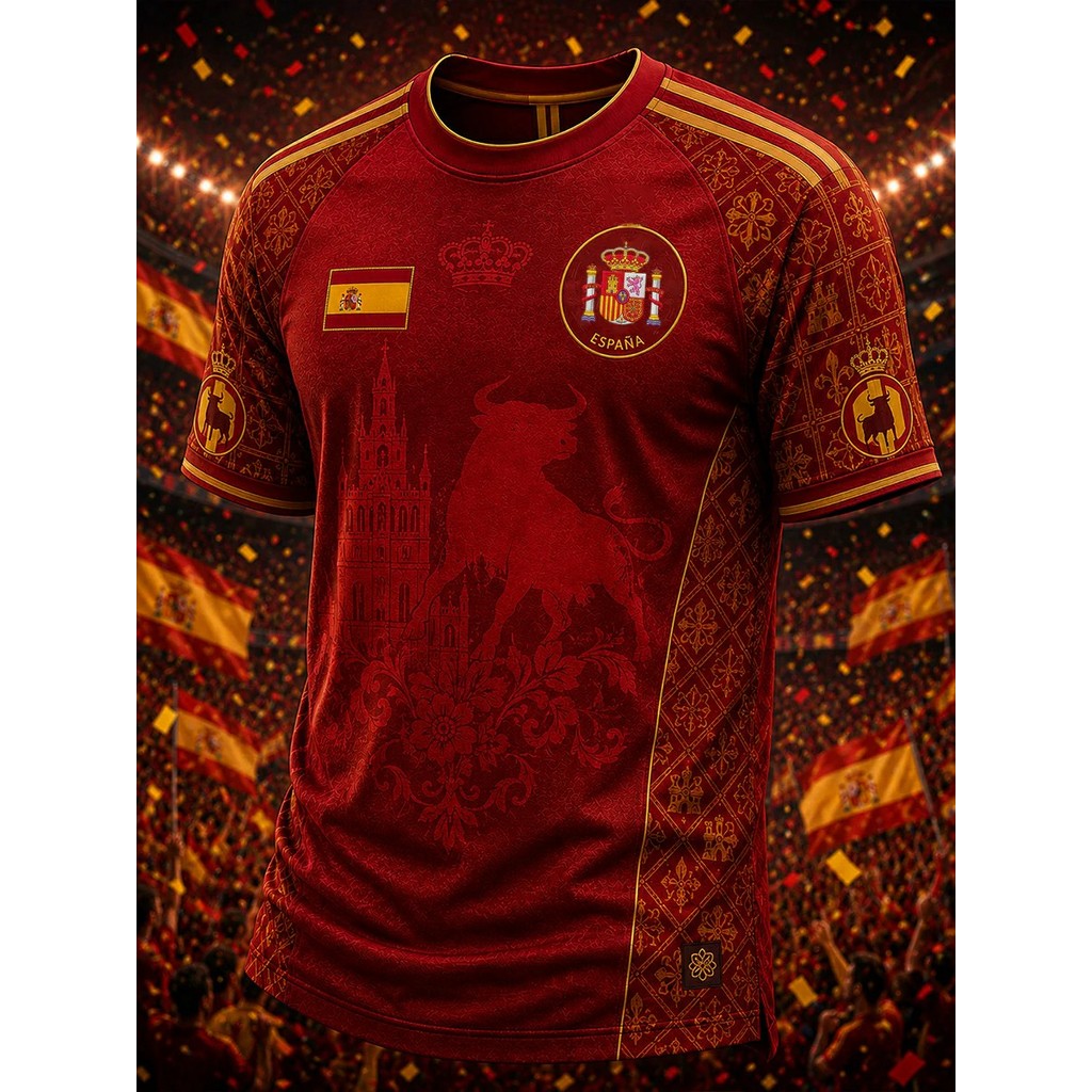 3D พิมพ์สเปนฟุตบอล Jersey Vintage Bull Building ดอกไม้รูปแบบตารางแห่งชาติสัญลักษณ์สเปนธงแขน Gold Line La Roja Casual Fan Top