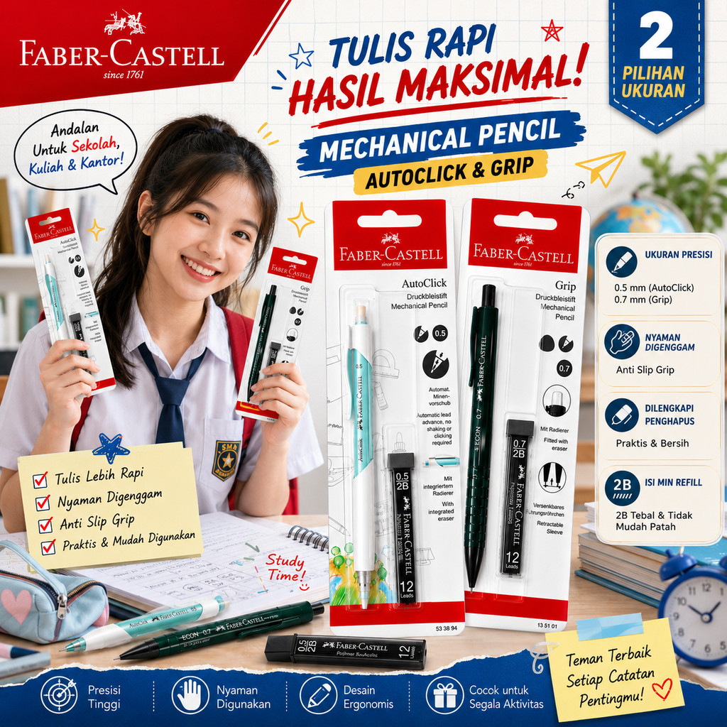 Faber Castell AutoClick Grip ดินสอกด 0.5 0.7 Ergonomic Premium สีขาวสีม่วงสีฟ้าชมพูดินสอกดเติมตะกั่ว