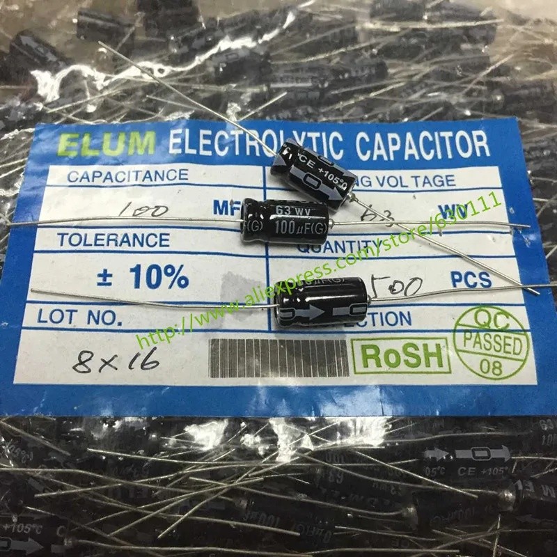50PCS 63V100uf Axial Electrolytic Capacitor 100UF 63V 8x16 มม.