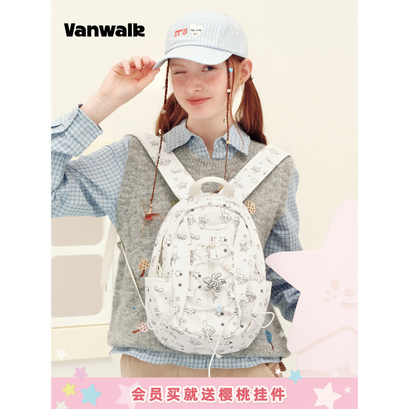 VANWALK Handbook House Korean Niche Print Backpack Female Travel Hiking Backpack Lightweight Small S