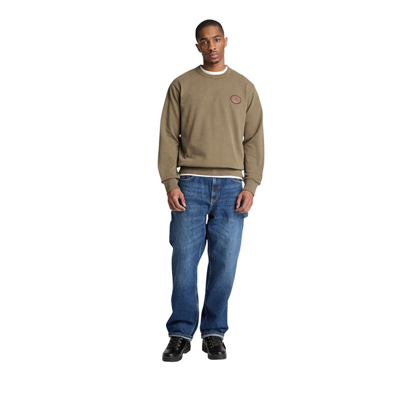 Timberland เสื้อสเวตเชิ้ตคอกลมแพทช์หนัง ผู้ชาย สี Beige — صورة 5