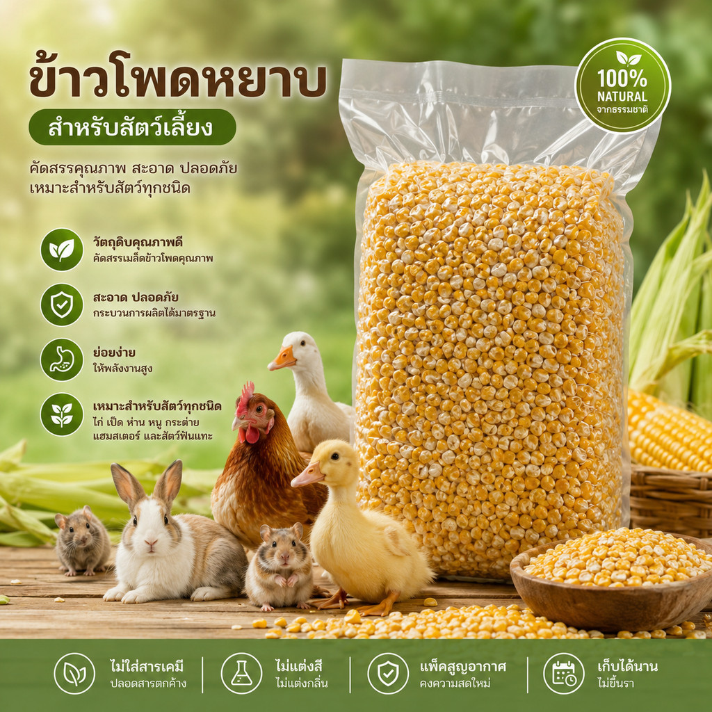 ข้าวโพดหยาบสำหรับสัตว์เลี้ยง 1 กก. (ลูกไก่ ไก่ เป็ด ห่าน กระต่าย หนู แฮมสเตอร์)