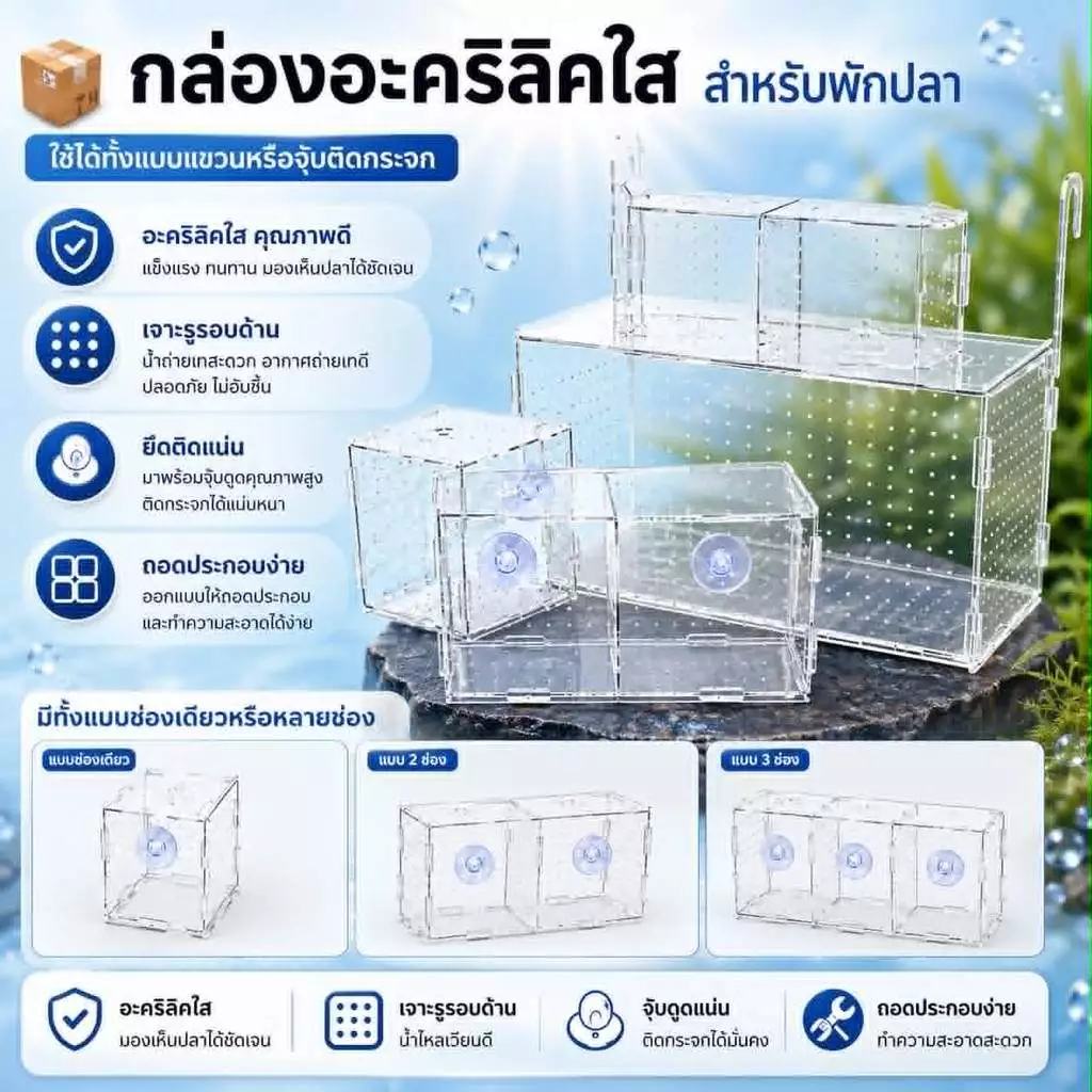 กล่องอะคริลิคใส สำหรับแยกปลา หรือกุ้ง มีหลายขนาด กั้นช่องสามารถถอดได้ แขวนหรือจุ๊บติดกระจกได้
