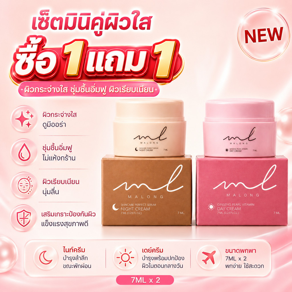 ซื้อ 1 แถม 1 MALONG ครีมบำรุงกลางวันและกลางคืน 7ml สำหรับผิวเป็นสิวง่าย ดูแลรอยดำรอยแดง เนื้อบางเบา