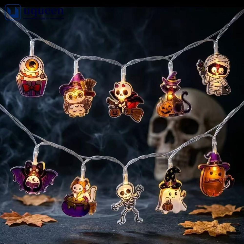 UQUEEN 10/20 LED ฮาโลวีนไฟ String พร้อม Ghost แม่มดแมวฟักทอง Spider Web Skeleton Pirate Shape โคมไฟ 