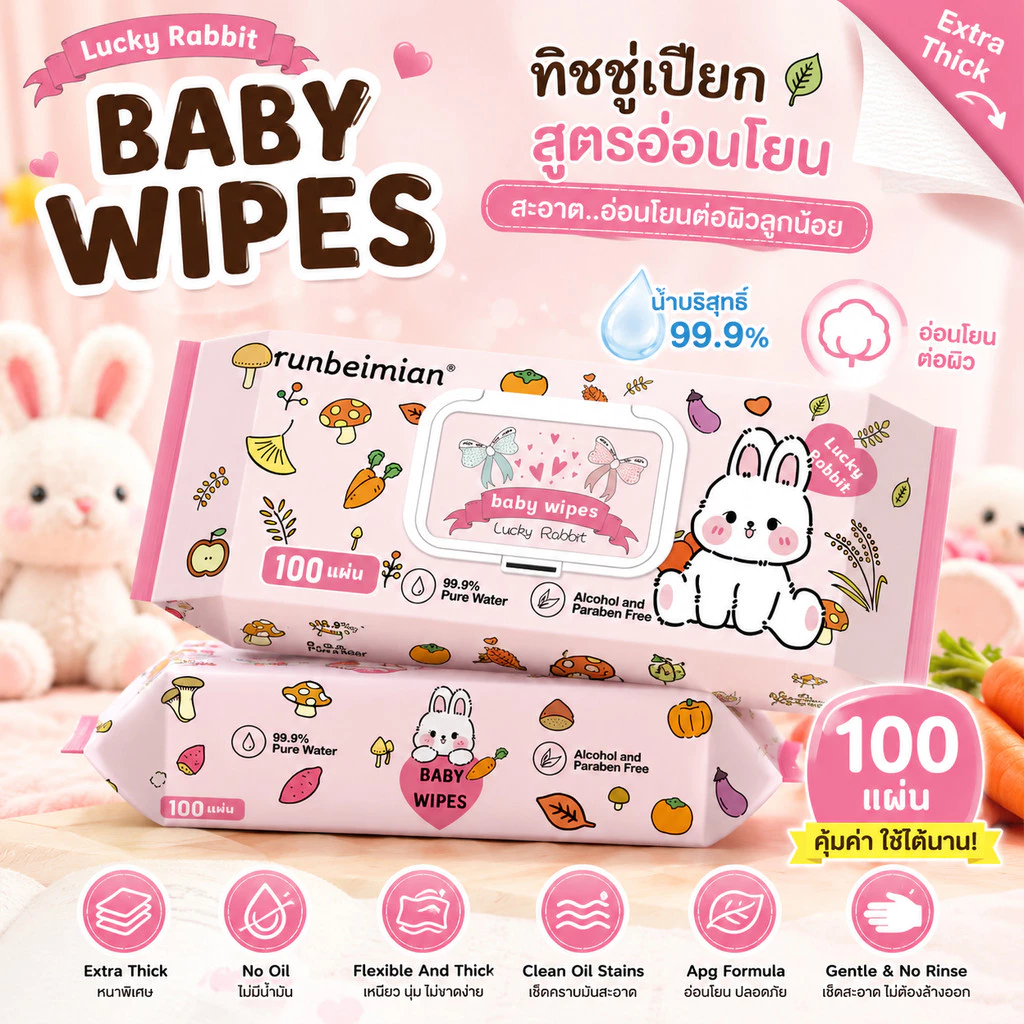 (1-3 ห่อ) ทิชชู่เปียก ลายโบว์กระต่าย ห่อจัมโบ้ Baby Wipes 100 แผ่น tissue14 ทิชชู่อเนกประสงค์ ใช้งานสะดวก มีฝาปิด