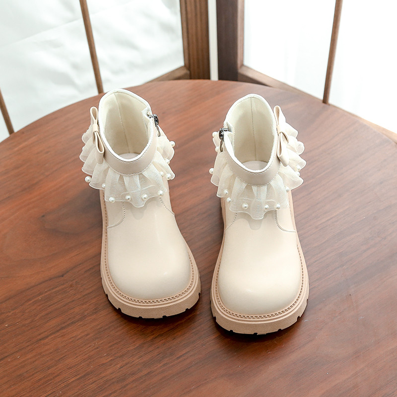 ฤดูใบไม้ร่วงฤดูหนาวเพิร์ลสาวหนังรองเท้าสั้นอินเทรนด์ลูกไม้ Bowknot Soft Sole Anti-slippery รองเท้าเด็ก 3-18 ปี