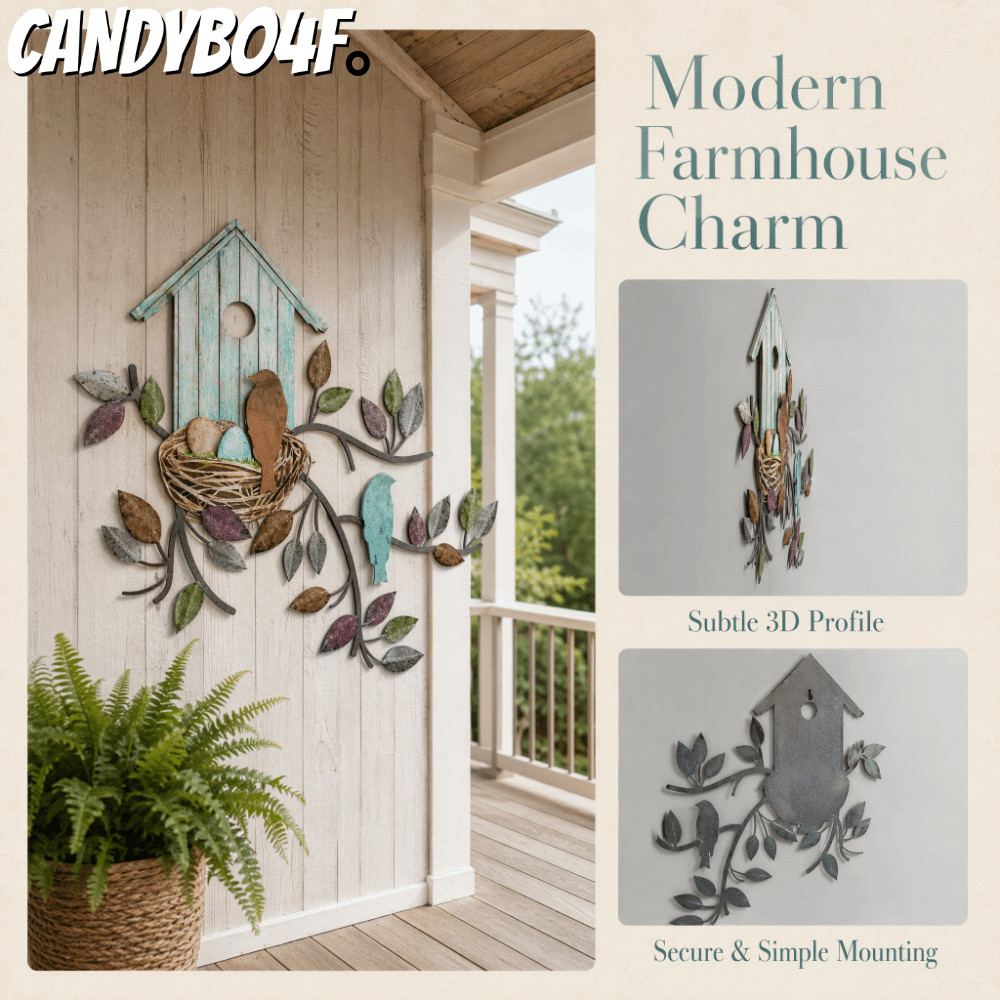 CANDYBO4F นก Wall Art,สีเทาอ่อนสีน้ําตาลออกแบบชนบทโลหะตกแต่งผนัง,โลหะ 10.6 X 11.8 นิ้วกลางแจ้งศิลปะโ