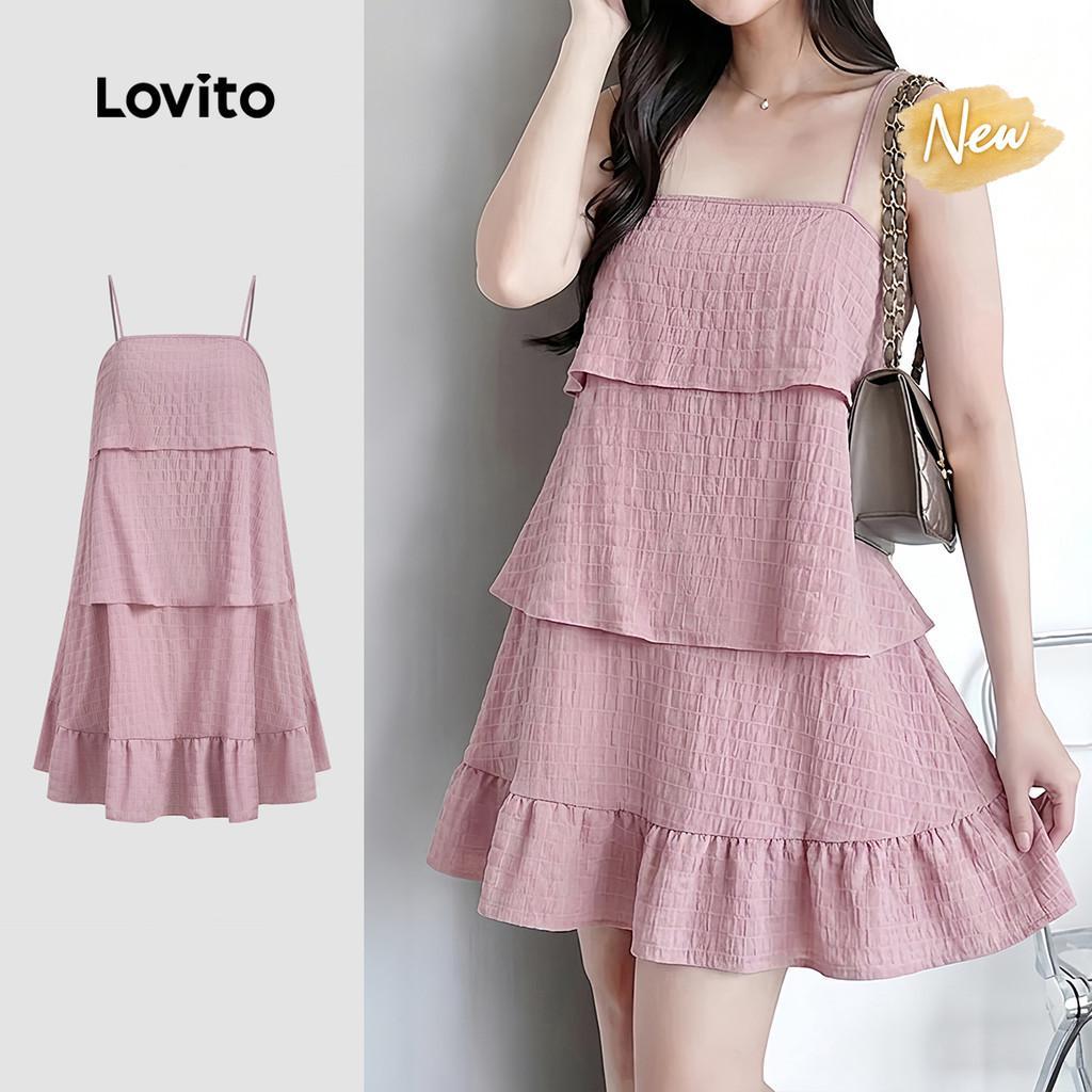(New Arrival) Lovito เดรสผู้หญิงสีชมพู แต่งระบายปลายชั้นเลเยอร์ สําหรับฤดูใบไม้ผลิและฤดูร้อน L196ED609