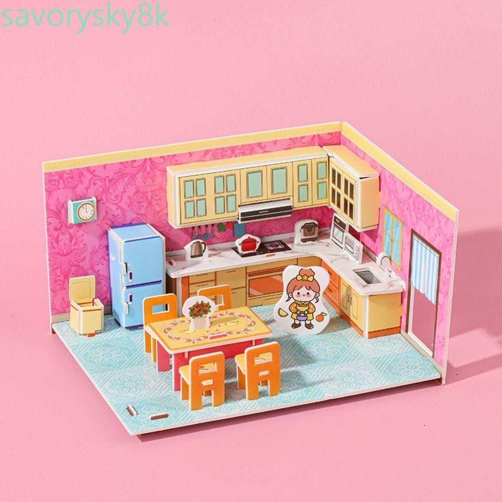 CHROM 3D Room Model Puzzle Toys, 3D Model Kitchen 3D Room Cardboard, Puzzle Bedroom Living Miniature