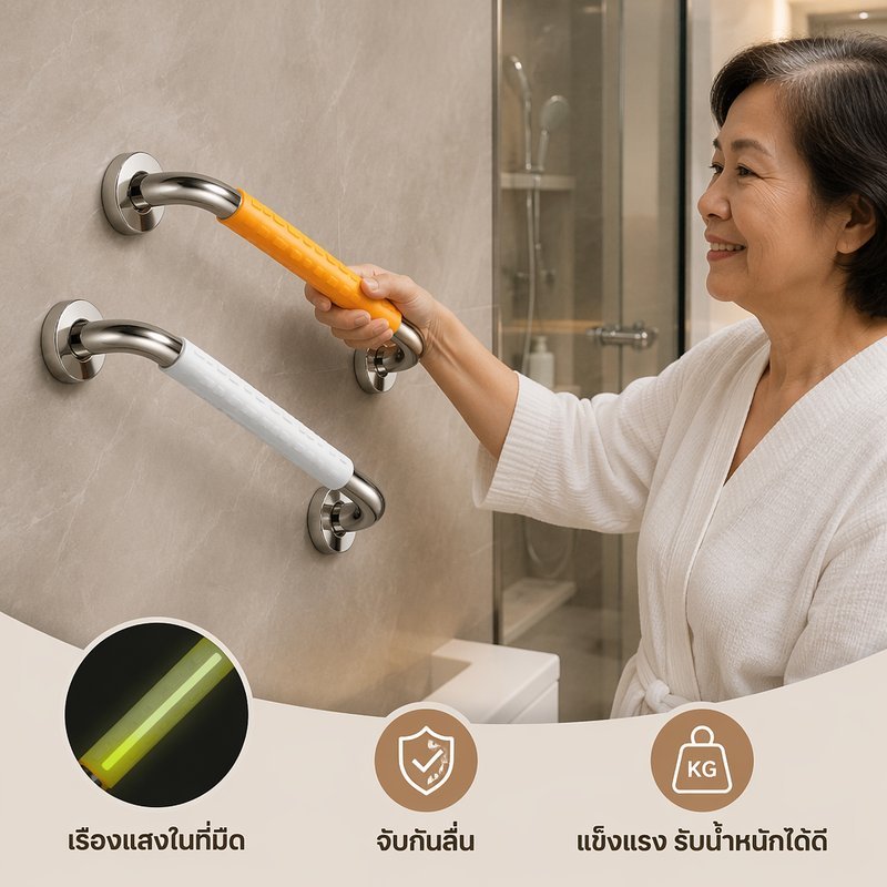 ราวจับในห้องน้ําสแตนเลสเรืองแสงในที่มืดกันลื่นราวรองรับความปลอดภัยผู้สูงอายุ