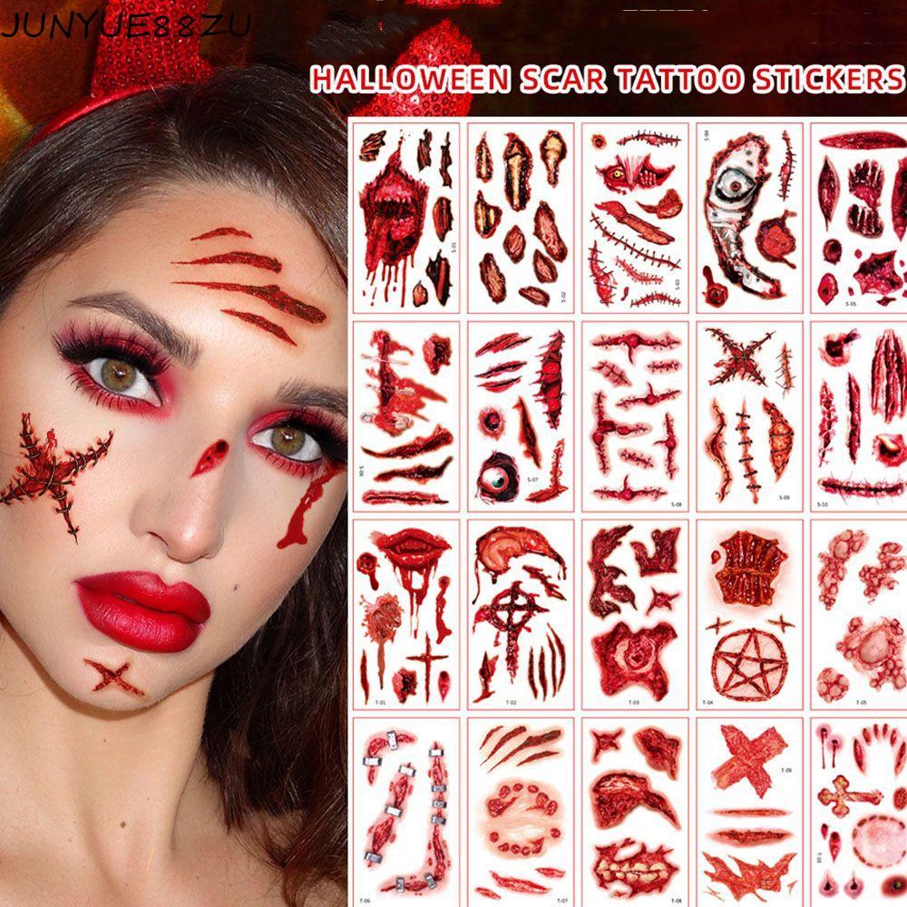 JUNYUE88ZU Bloody Wound Tattoos น่ากลัว DIY ปลอม Tattoo ชั่วคราวกันน้ํารอยแผลเป็น Tattoos