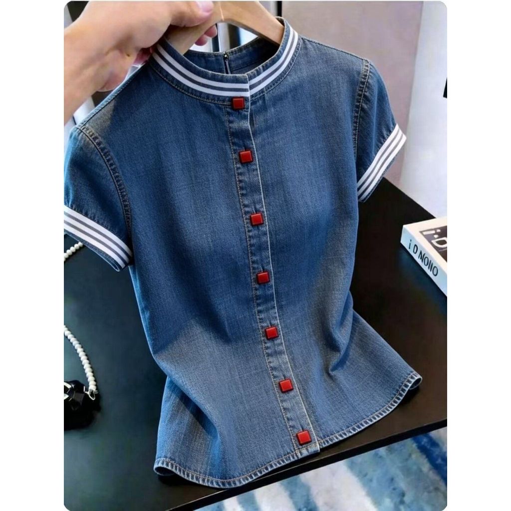 Womens Denim Short Sleeve Shirts Summer Btton Down Casual Jean Tops Casual Vintage Hemmed Bloue