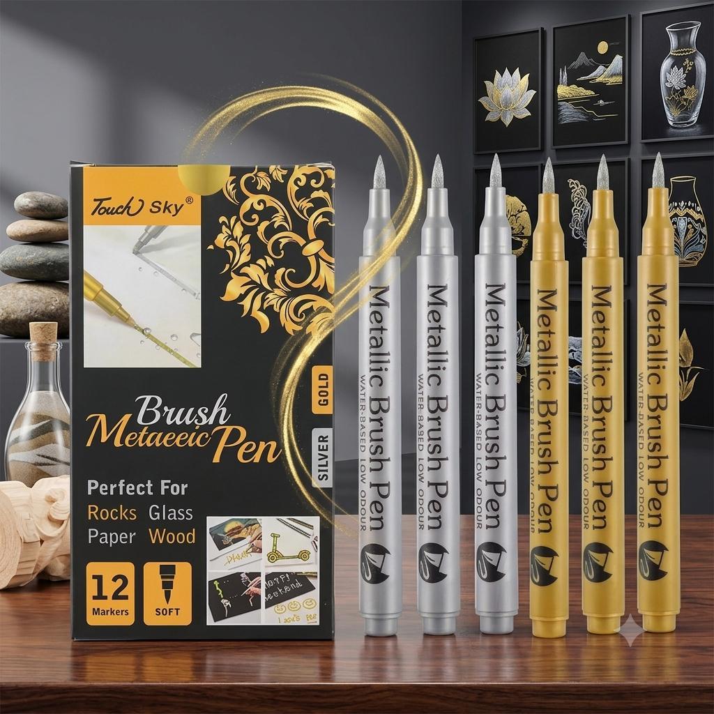 12 ด้าม ปากกาเมทัลลิก Metallic Brush Marker กันน้ำ ปากกาเพ้นท์ หิน แก้ว ไม้ เซรามิก สีทอง สีเงิน DIY