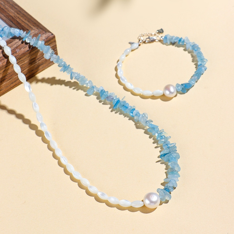 Minimalist Sky Blue Aquamarine Matching Set Pearl Accent เครื่องประดับทํามือสําหรับสวมใส่ทุกวัน