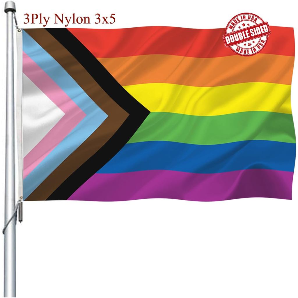 Progress Pride Rainbow Flag 3x5 Double Sided- Heavy Duty Nylon LGBTQ เกย์ Pride Inclusive Rainbow Fl