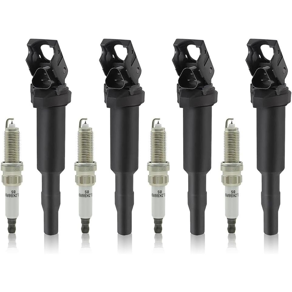 ชุด 4 UF592 คอยล์จุดระเบิด Pack & Iridium Spark Plugs ใช้งานร่วมกับ BMW 128i 135i 328i 335i 525i 528