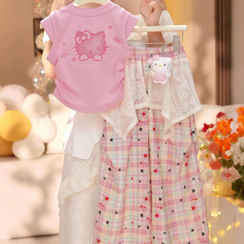 Pippikids-[A437] Gift Doll เสื้อแขนกุดการ์ตูนเด็กผู้หญิง ม่านคลุมสะโพกแขนสั้น กางเกงลายตาราง ชุดสองชิ้นสําหรับฤดูร้อน