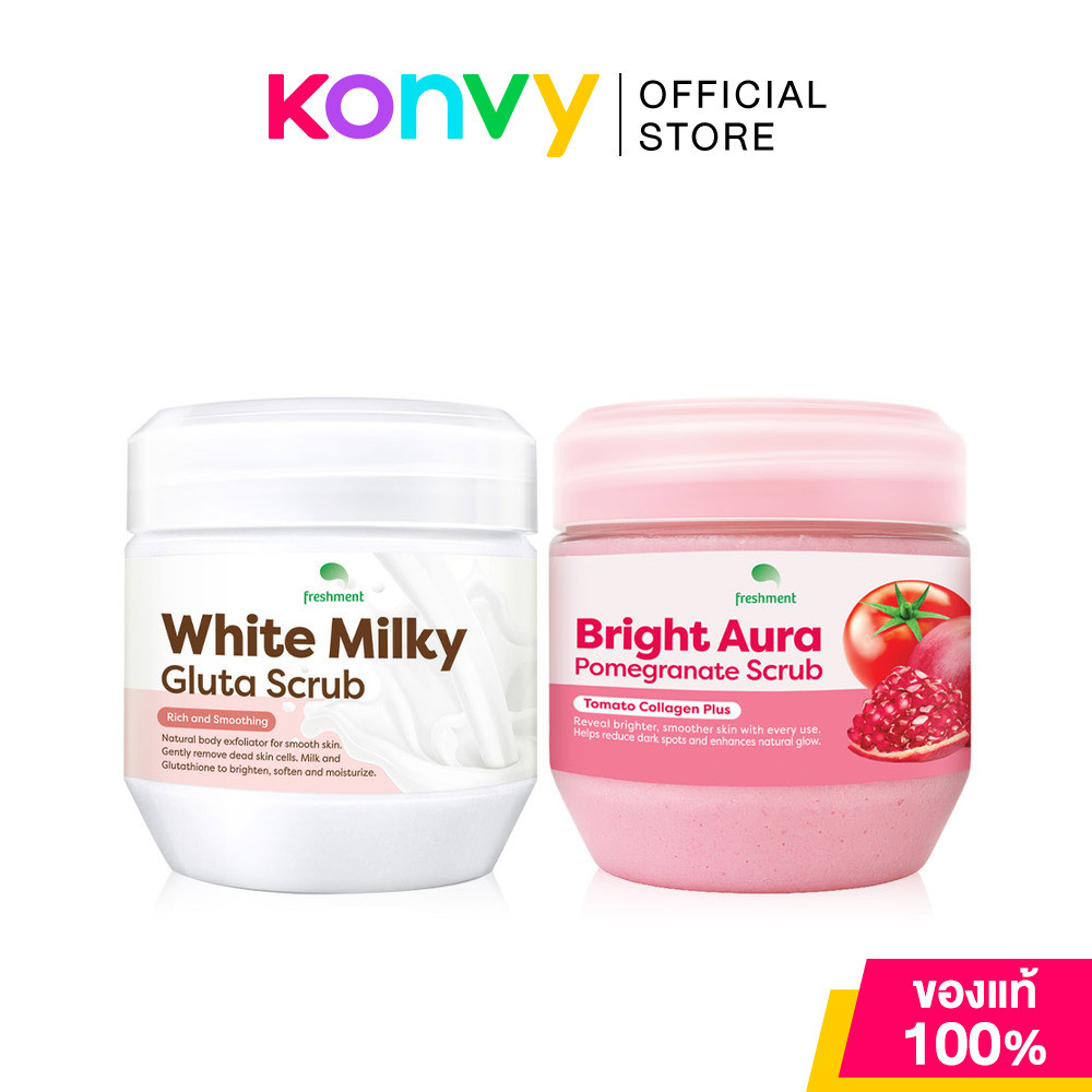 Freshment Set 2 Item Bright Aura Pomegranate Scrub Tomato Collagen Plus 700g + White Milky Gluta Scrub 700g.