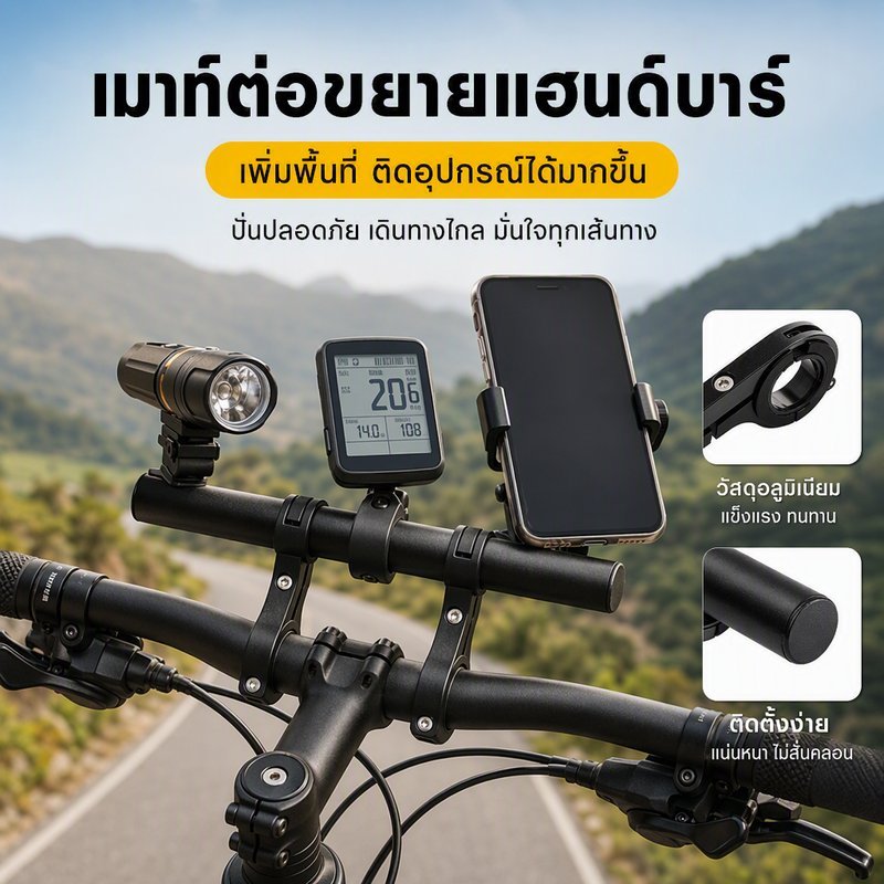 เมาท์ต่อขยายแฮนด์บาร์จักรยาน อุปกรณ์เสริมจักรยาน ขยายพื้นที่ติดอุปกรณ์ ติดไฟหน้า ขาตั้งมือถือ GPS ติดตั้งง่าย