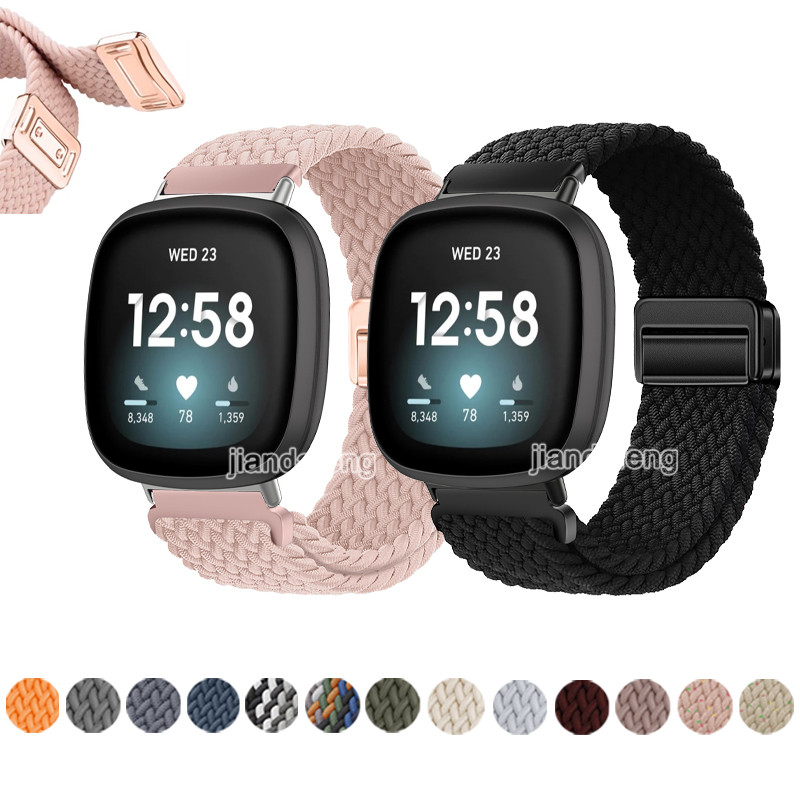 ทอสายรัดหัวเข็มขัดแม่เหล็กสายรัดข้อมือไนลอนสําหรับ Fitbit Versa 4 3 2 Lite Fibit Sence 2