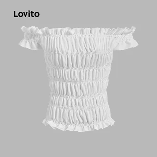 Lovito วันหยุด เสื้อ คอ ฮัลเตอร์ เซ็กซี่ ทรงเรียบๆ จีบย่น สีแอปริคอท สำหรับฤดูใบไม้ผลิ/ฤดูร้อน สำหรับผู้หญิง เกาหลี อินเทรนด์ L136AD421