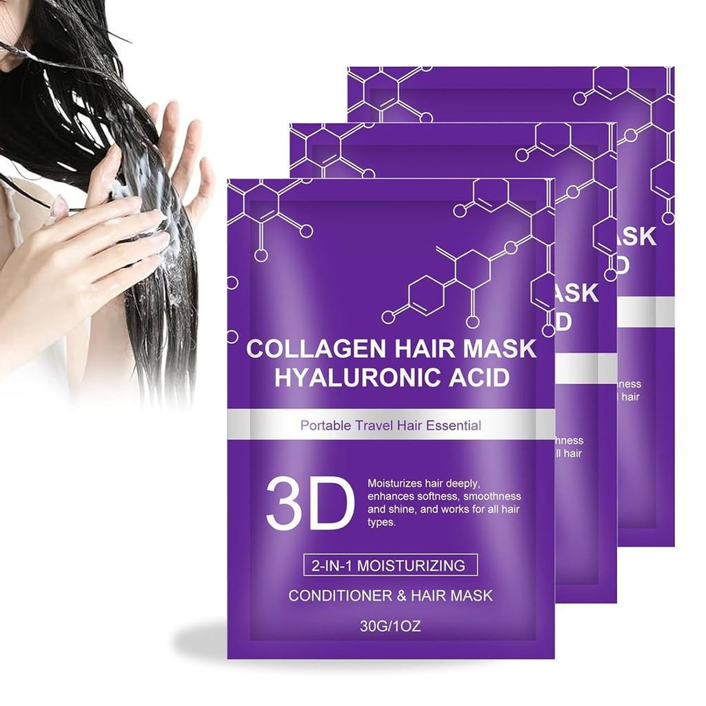 3D Collagen Hair Mask, Shiny Collagen Essence Repair Kit, ประกอบด้วยกรดไฮยาลูโรนิก, มาส์กผม