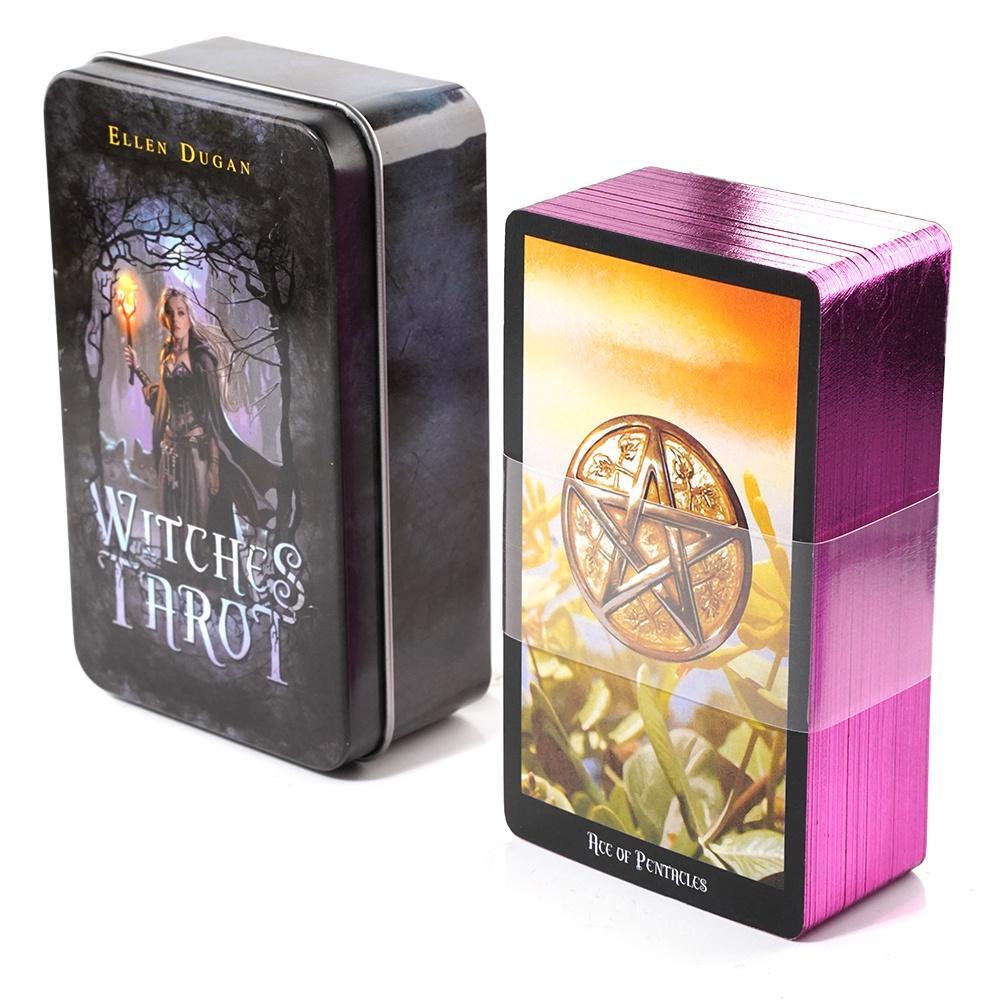 Witches Tarot ในดีบุกกล่องโลหะ Tarot Deck พร้อม PDF Guide Book Divination Fate Cards
