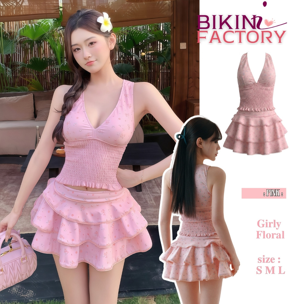 BIKINI FACTORY ชุดว่ายน้ำแฟชั่น ชุดเดินชายหาด2ชิ้น กระโปรง น่ารักชมพู 💟 มีไซส์ S-L |น้ำหนัก 38-58 กก. พร้อมส่ง Y755