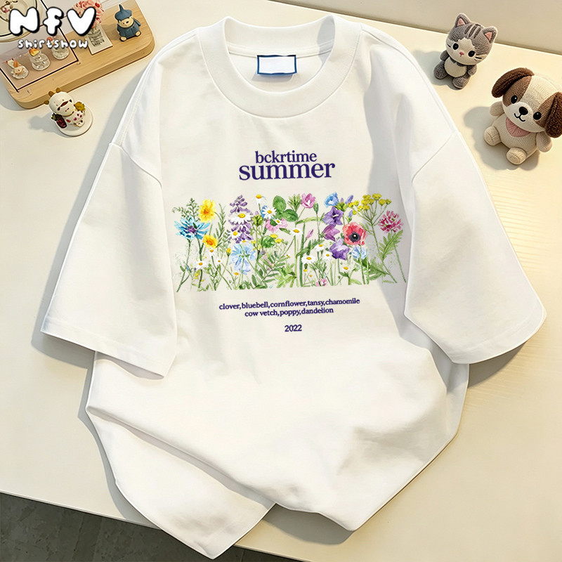 NFV เสื้อยืดผู้หญิงสไตล์เกาหลี เนือ้ผ้าน้ำหนักเบา oversize ระบายอากาศ ลายพิมพ์ดอกไม้ YG2804